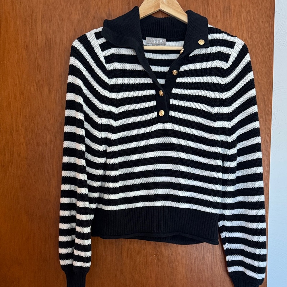 J. Crew Black and White Striped Button Cowl Sweater